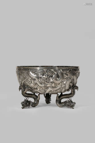 A CHINESE SILVER 'FIVE DRAGON' BOWL