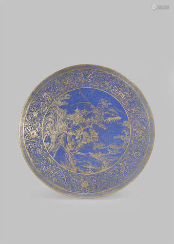 A CHINESE POWDER BLUE-GROUND CIRCULAR 'LANDSCAPE' PLAQUE