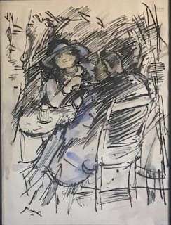 Ink and Watercolor, Cafe Scene, by Jules Pascin