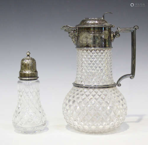 A late Victorian plate mounted cut glass claret jug, height 25cm, together with a silver and cut