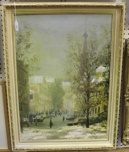 Russian School - Street Scenes, a pair of 20th century oils on canvas, each 69.5cm x 49cm, both