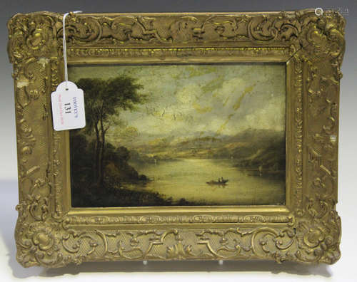 British School - Lake Scene with Boats, 19th century oil on panel, 14.5cm x 21.5cm, within a gilt