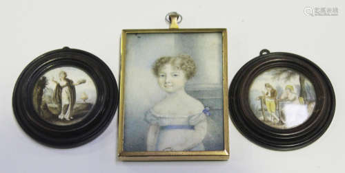 British School - Miniature Portrait of a Child wearing a White Gown with Blue Ribbons, 19th