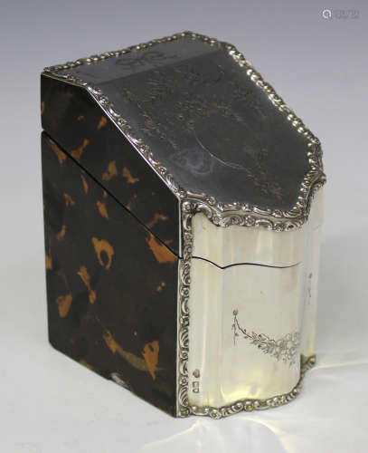 An Edwardian silver mounted and tortoiseshell tea caddy in the form of a knife box, the sloping