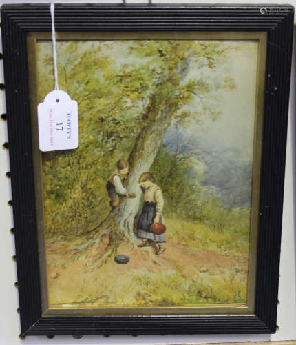 Manner of Myles Birket Foster - Boy climbing down a Tree beside a Girl, late 19th/early 20th century