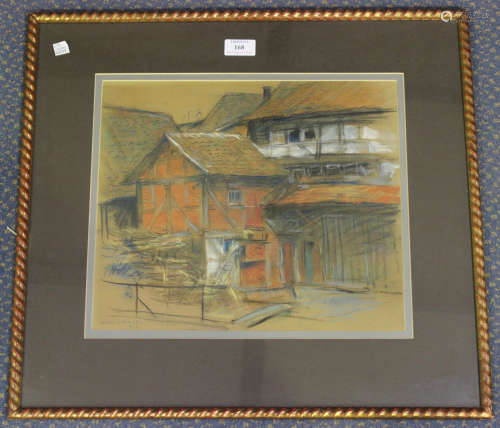 Karl Hänsel - Timber-framed Houses, pastel, signed and dated 1917, 30.5cm x 35.5cm, within a gilt
