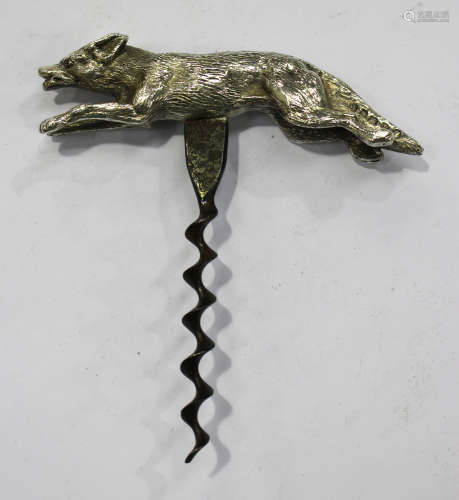 A George V silver mounted novelty corkscrew, the handle in the form of a running fox, Birmingham