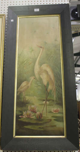F.S. - Storks in a Pond with Lilies, early 20th century oil on canvas, signed with initials, 90cm