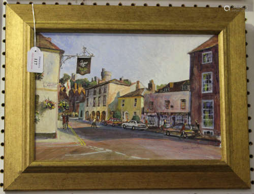 Dennis Lascelles - Arundel High Street with the Swan Hotel, 20th century acrylic on board, signed