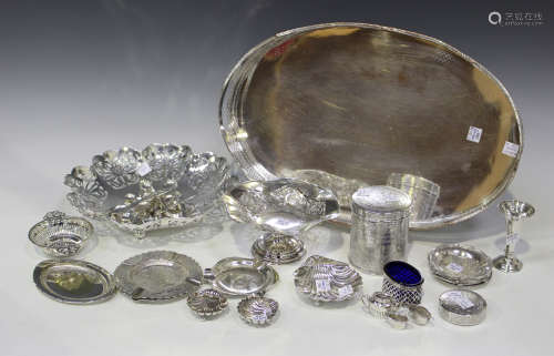 A collection of silver and plated items, including an Egyptian cylindrical box and cover with