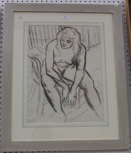 Clifford Hall - Seated Female Nude Life Study, 20th century charcoal and coloured chalks, artist's