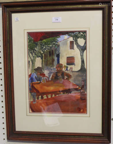 Betty Hopkinson - Café Scene, and Street Scene, two 20th century watercolours with gouache, both