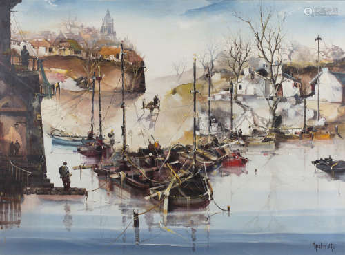 Aguilar-Agon - View of a Busy Harbour, 20th century oil on canvas, signed, 85.5cm x 116.5cm,