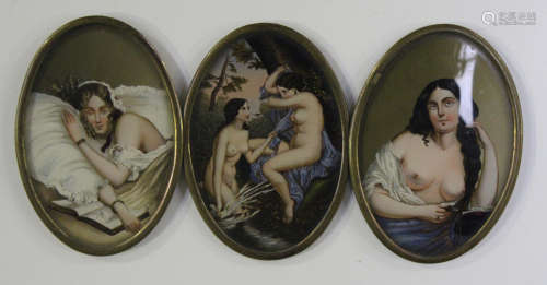 French School - Oval Miniature Female Nudes, three 19th century reverse colour prints on glass, each