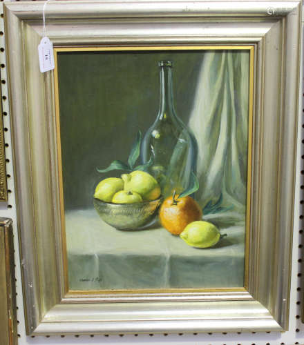 Charles J. Pugh - Still Life with Lemons, Orange and Bottle, 20th century oil on board, signed, 39cm