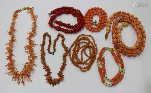 Seven various coral necklaces, including three branch coral necklaces.Buyer’s Premium 29.4% (