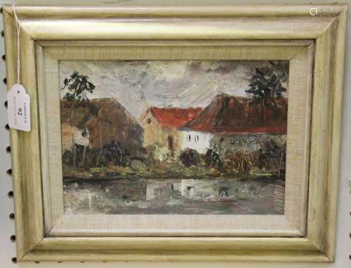 Josef Novický - Landscape with Houses near a River, 20th century oil on board, signed recto,