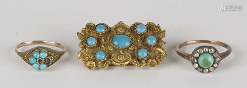 A gold, rose cut diamond and turquoise cluster ring, ring size approx P, a turquoise set ring and