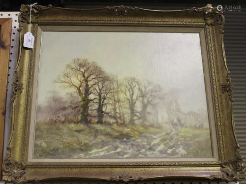 Alwyn Crawshaw - Winter Landscape with Trees and Figures, 20th century oil on canvas, signed, 39.5cm