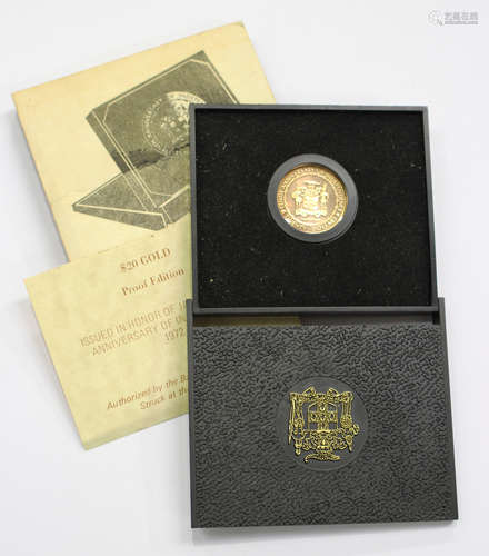 A Jamaica proof gold twenty dollars commemorating the Tenth Anniversary of Independence 1972, with