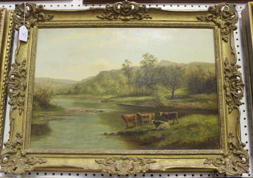 J. Marshall - Landscape with Cattle on the Bank of a River, oil on canvas, signed, 40cm x 59cm,