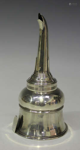 A George III silver wine funnel, the bell shaped pierced bowl fitted with a hook, the detachable