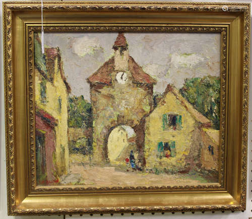 Henry Ludlow - Continental Village Scene with Archway and Cottage, 20th century oil on board,