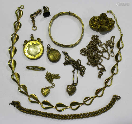 A group of mostly gilt metal jewellery, comprising a long guard chain, fitted with a swivel, a