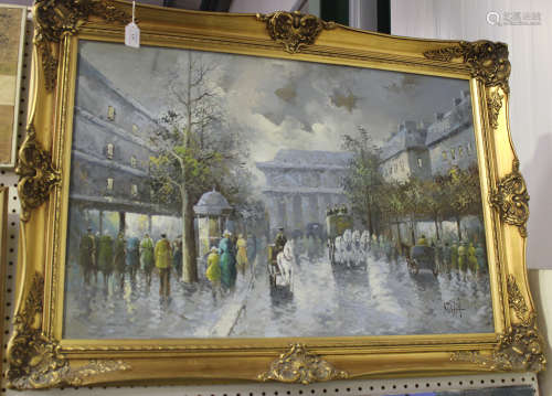 French School - Parisian Street Scene with Carriages and Figures, 20th century oil on canvas,