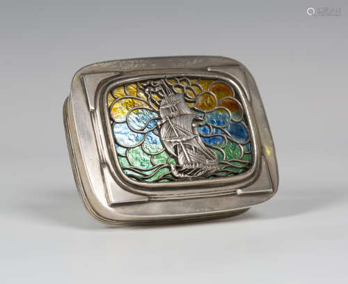 An Arts and Crafts silver and enamel box of rounded rectangular form, the hinged lid cast and