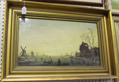 Jan Mienstaat - Dutch Winter Scene with Ice Skaters on a Frozen Canal, 19th century oil on panel,