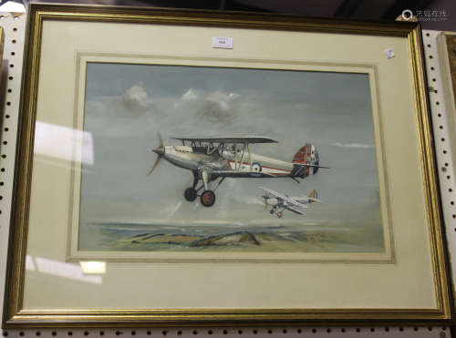Miles O'Reilly - 'Tangmere Duo 1 & 43' (Two Biplanes in Flight), watercolour with gouache, signed,