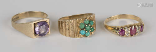 A 9ct gold ring, claw set with a circular cut amethyst, a 9ct gold and turquoise seven stone cluster