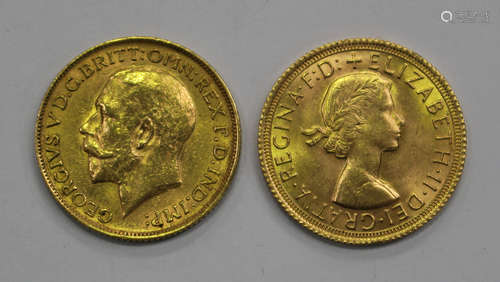 A George V sovereign 1913 and an Elizabeth II sovereign 1967.Buyer’s Premium 29.4% (including