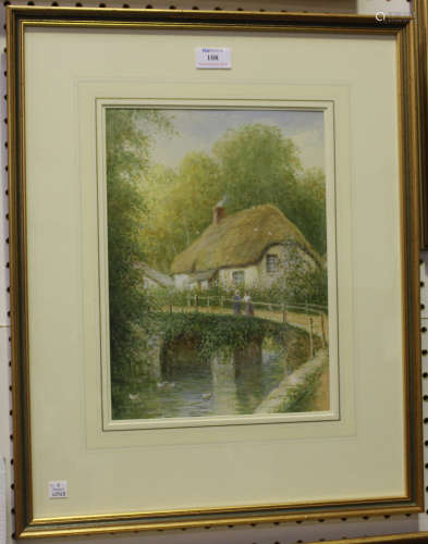 George Henry Jenkins - Figures on a Bridge by a River, Thatched Cottage beyond, and Figure with