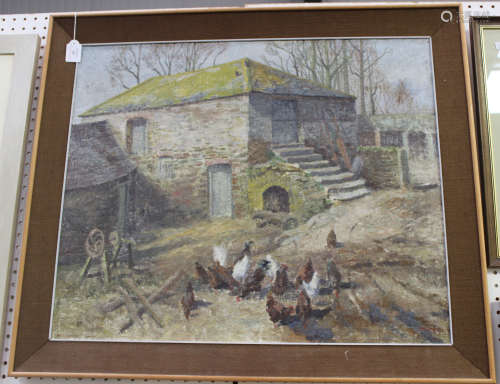 Marjorie 'Midge' Bruford - Landscape with Farmyard and Hens, 20th century oil on canvas, signed,