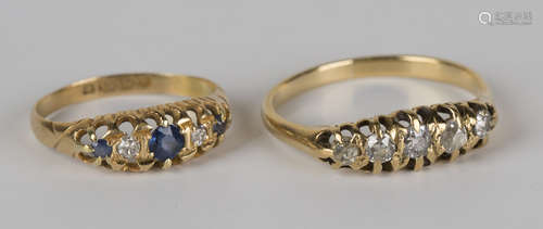 An 18ct gold, sapphire and diamond five stone ring, Birmingham 1908, ring size approx G, and a