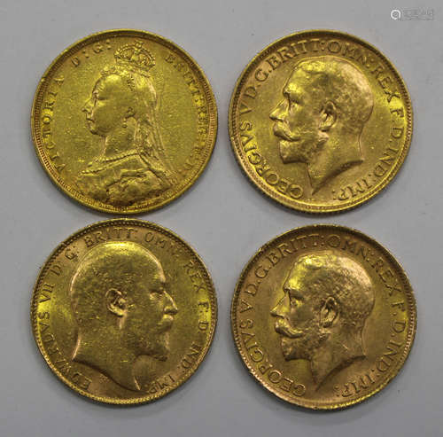 A Victorian Jubilee Head sovereign 1890, an Edward VII sovereign 1909 and two George V sovereigns,