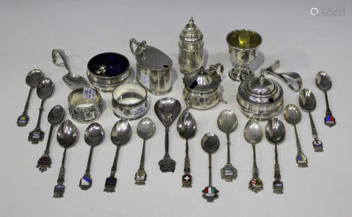 A small collection of silver items, including a George V three-piece condiment set, Birmingham