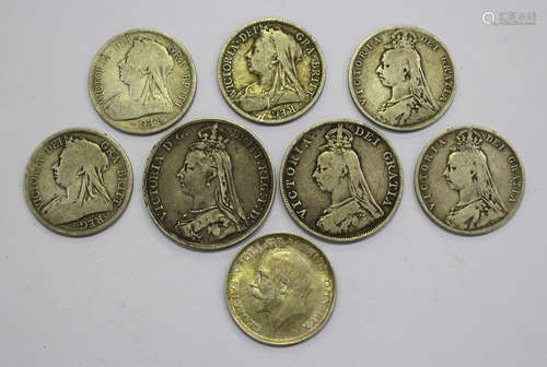 A Victoria Jubilee Head crown 1888 and a Victoria Jubilee Head double florin 1889, together with six