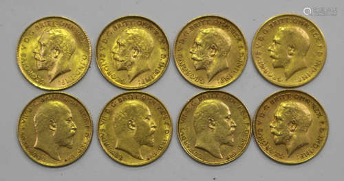 Three Edward VII half-sovereigns, comprising two 1907 and one 1908, and five George V half-