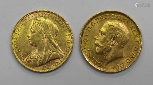 A Victoria Old Head sovereign 1900 and a George V sovereign 1912.Buyer’s Premium 29.4% (including