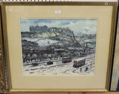 John Miller - 'Winter's Day, Edinburgh', 20th century watercolour with gouache, signed recto, titled
