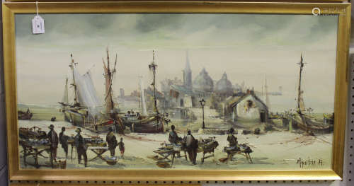 Aguilar-Agon - Market Traders on a Quayside, 20th century oil on canvas, signed, 44cm x 91cm, within