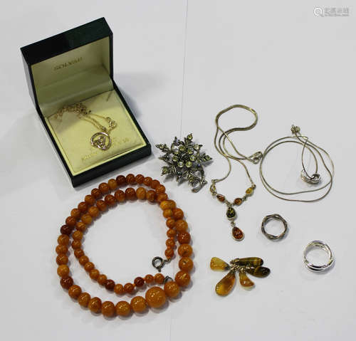 A single row necklace of sixty-four graduated vari-coloured butterscotch coloured amber beads, on