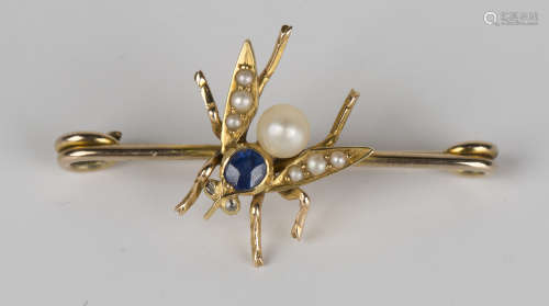 A gold, sapphire, rose cut diamond and seed pearl bar brooch, designed as a winged insect, mounted