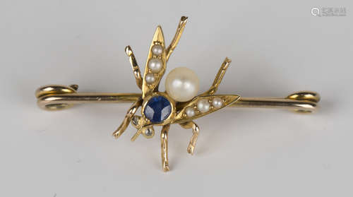 A gold, sapphire, rose cut diamond and seed pearl bar brooch, designed as a winged insect, mounted