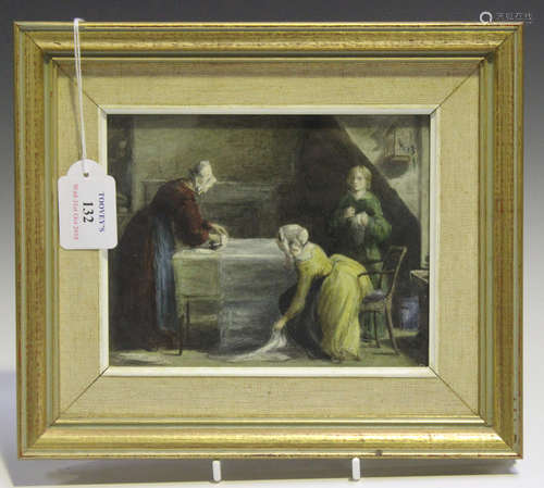 J.E. Scott - Interior Scene with Ladies Ironing, 19th century watercolour, inscribed verso, 14cm x