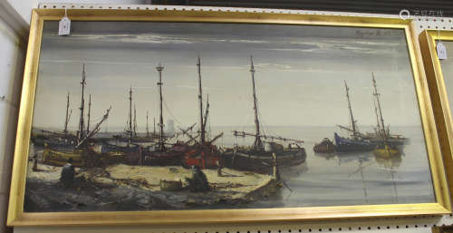Aguilar-Agon - Coastal View with Moored Boats, oil on canvas, signed and dated '65, 50cm x 100.