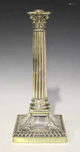 An Edwardian silver Corinthian column table oil lamp base on a foliate decorated square base with